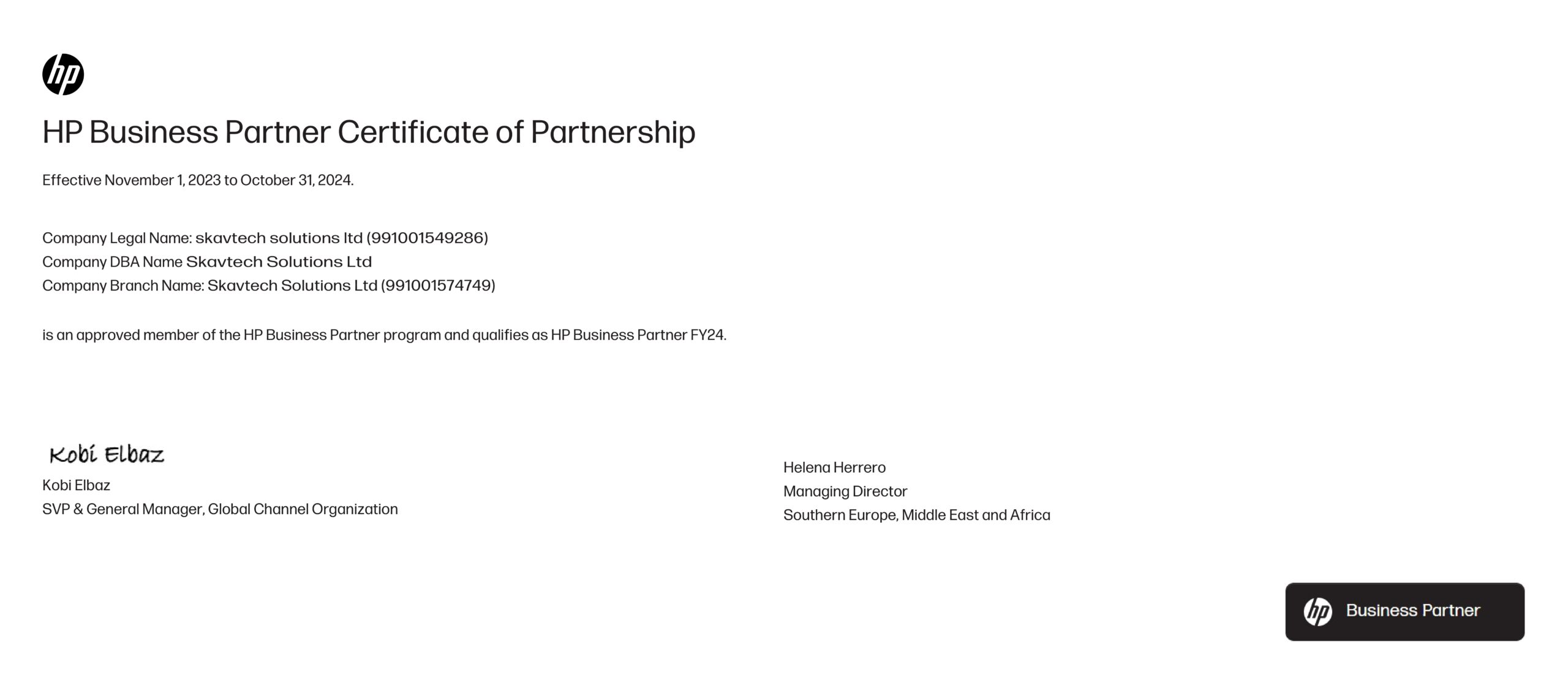 HP Business Partner 2024 certificate